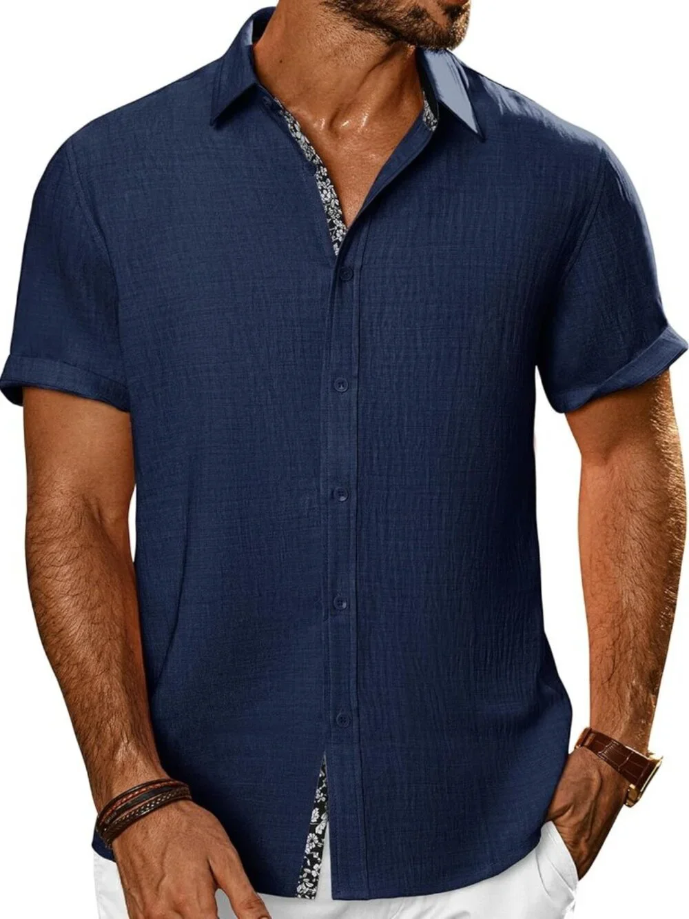Men's Navy Blue Button Down Short Sleeve Casual Textured Beach Wedding Shirt